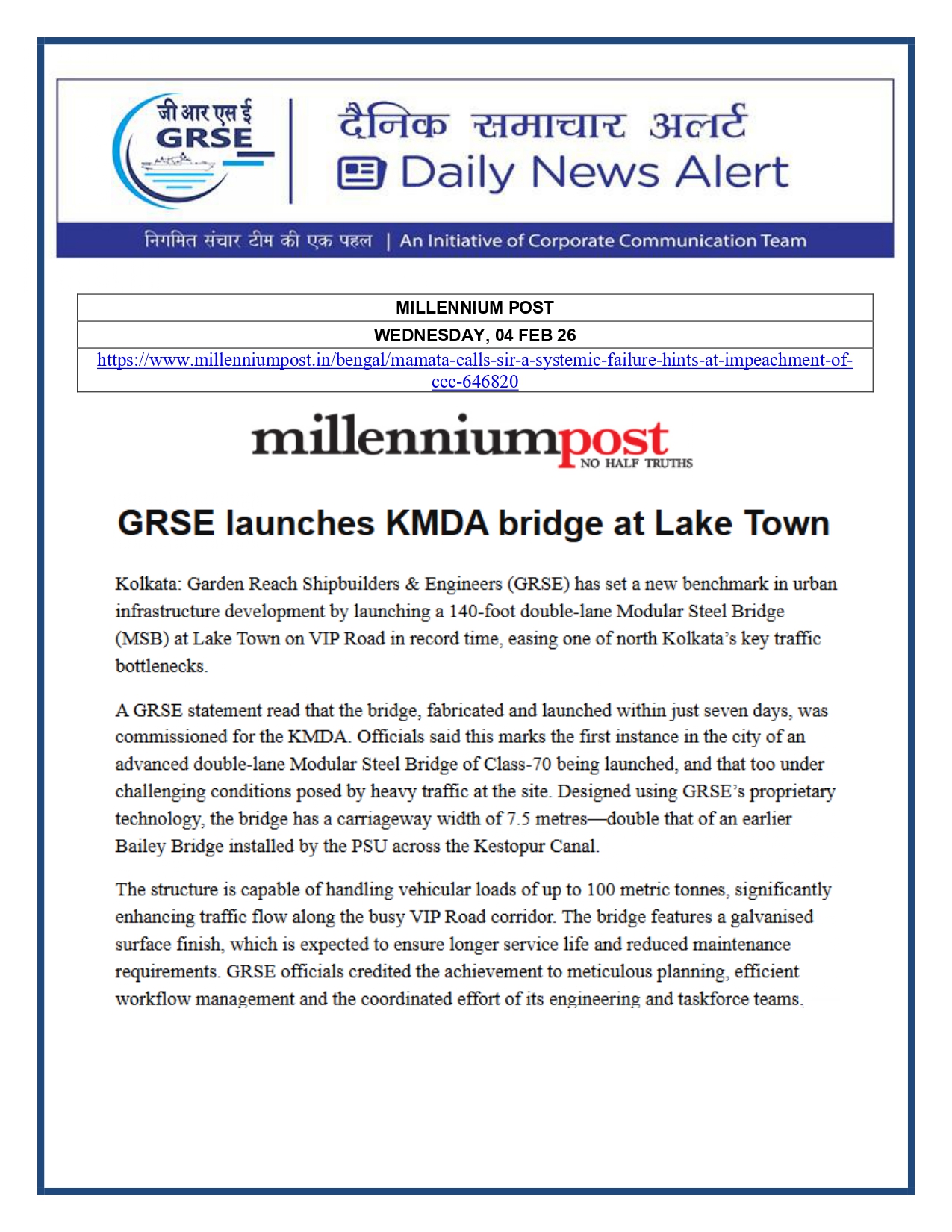  Press Coverage: 04 FEB 26: MILLENNEUM POST 